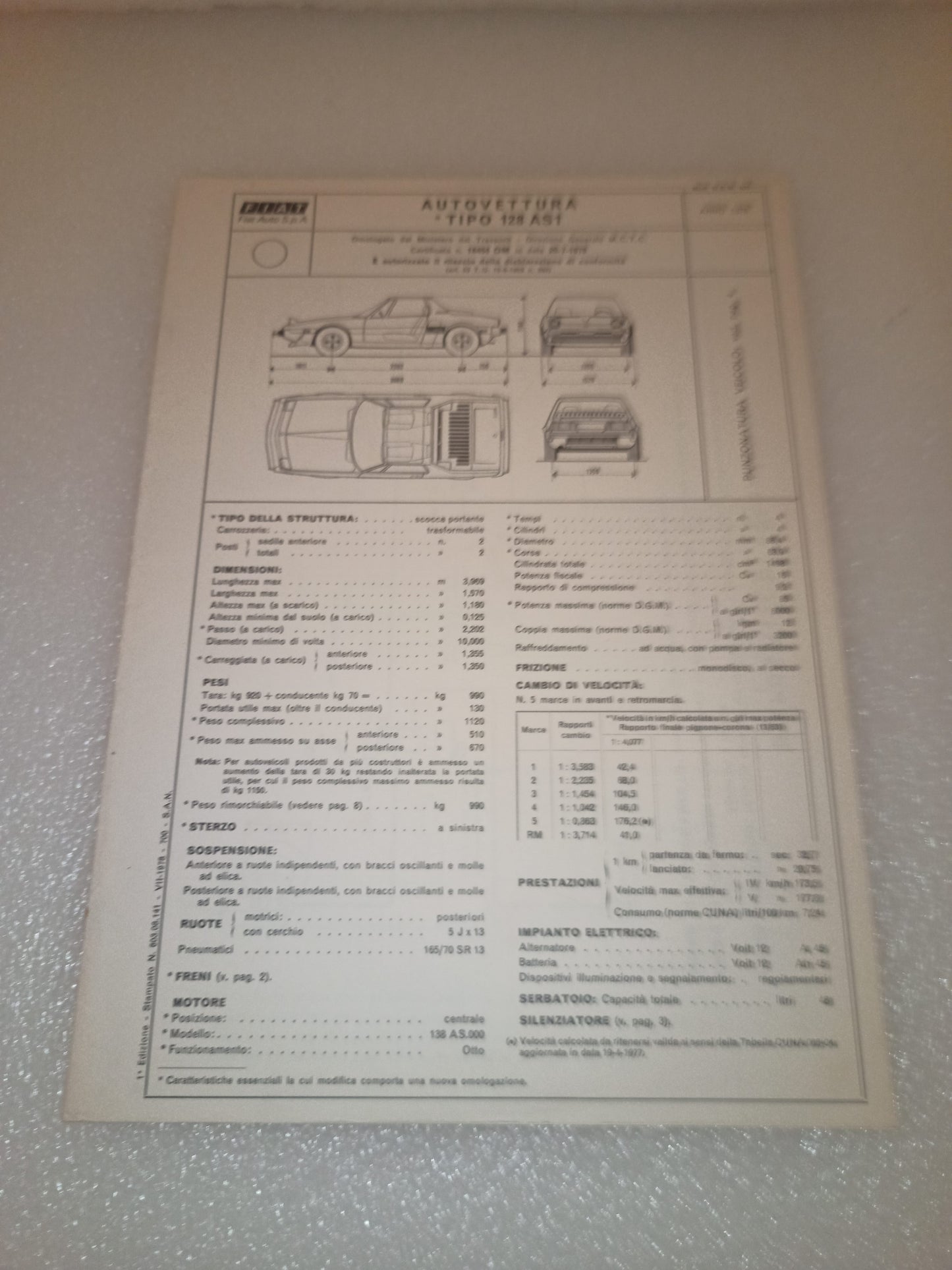 Fiat 128 AS1 X19 Certificato Omologazione Anno 1978 Originale