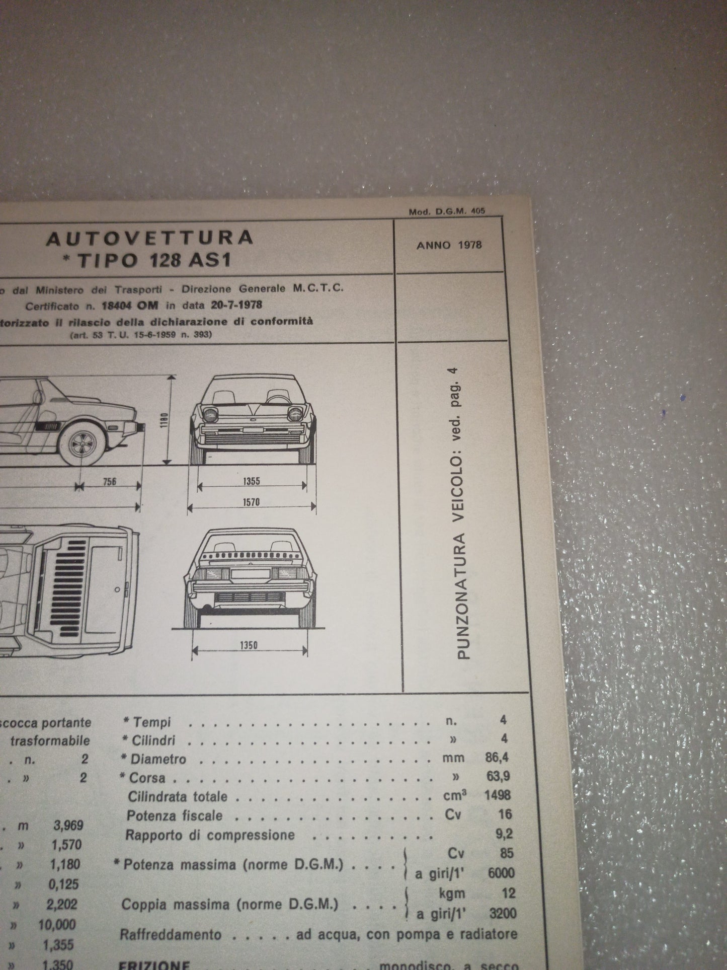 Fiat 128 AS1 X19 Certificato Omologazione Anno 1978 Originale