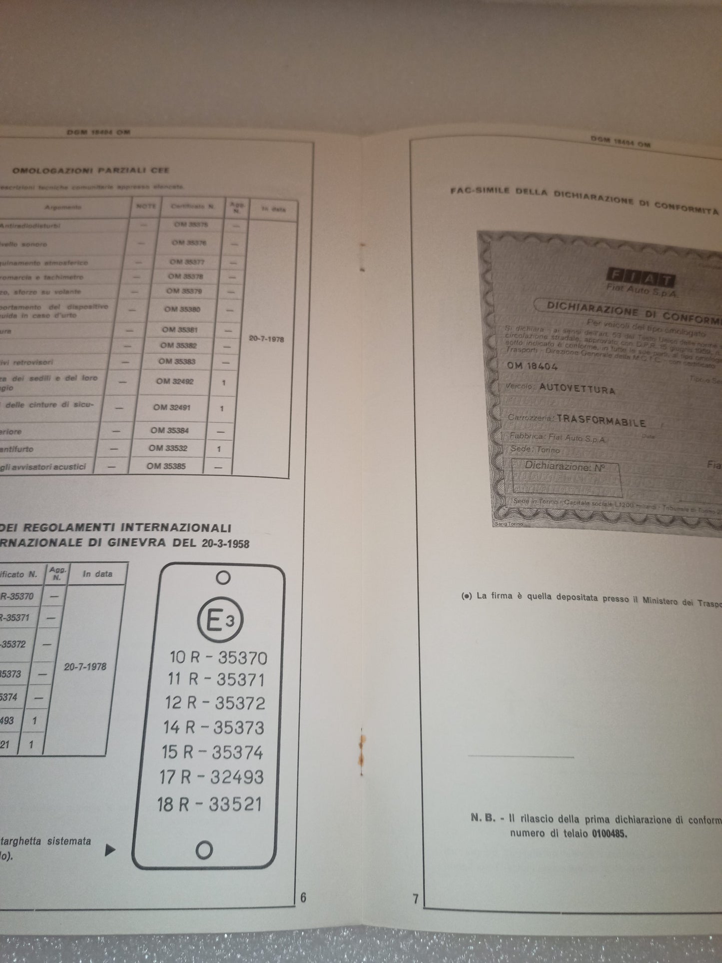 Fiat 128 AS1 X19 Certificato Omologazione Anno 1978 Originale