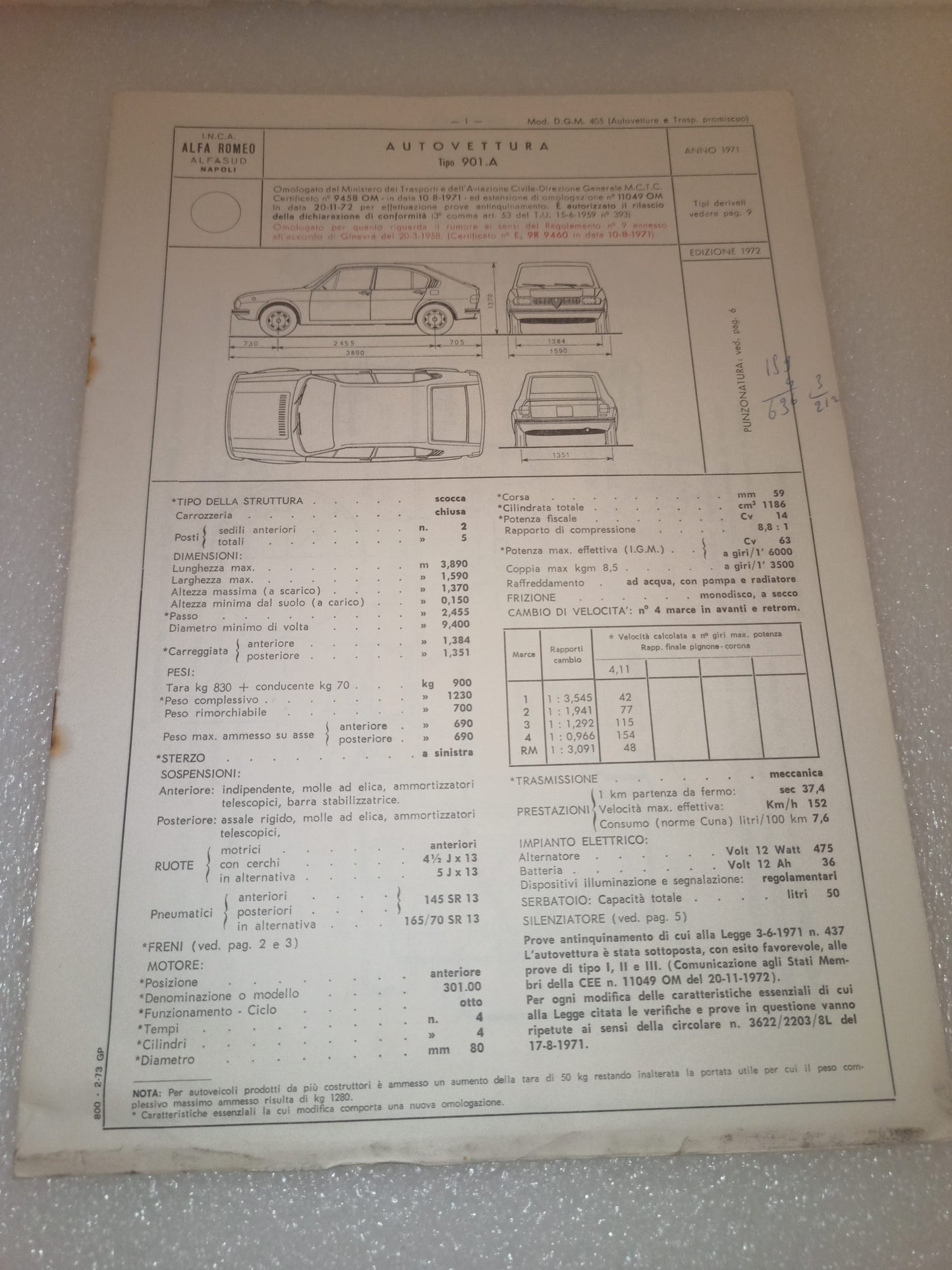 Alfa Romeo Alfasud Certificato Omologazione Anno 1971 Edizione 1972 Originale