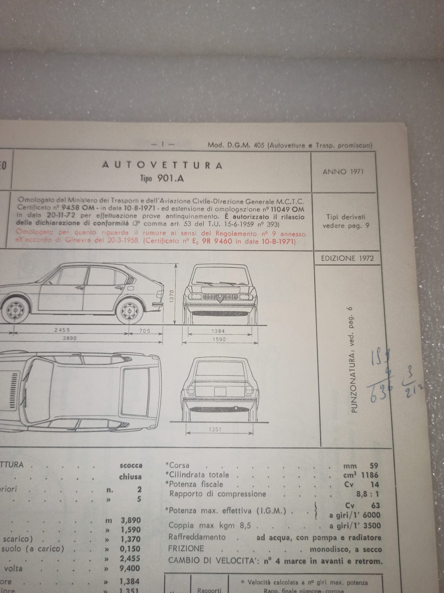 Alfa Romeo Alfasud Certificato Omologazione Anno 1971 Edizione 1972 Originale