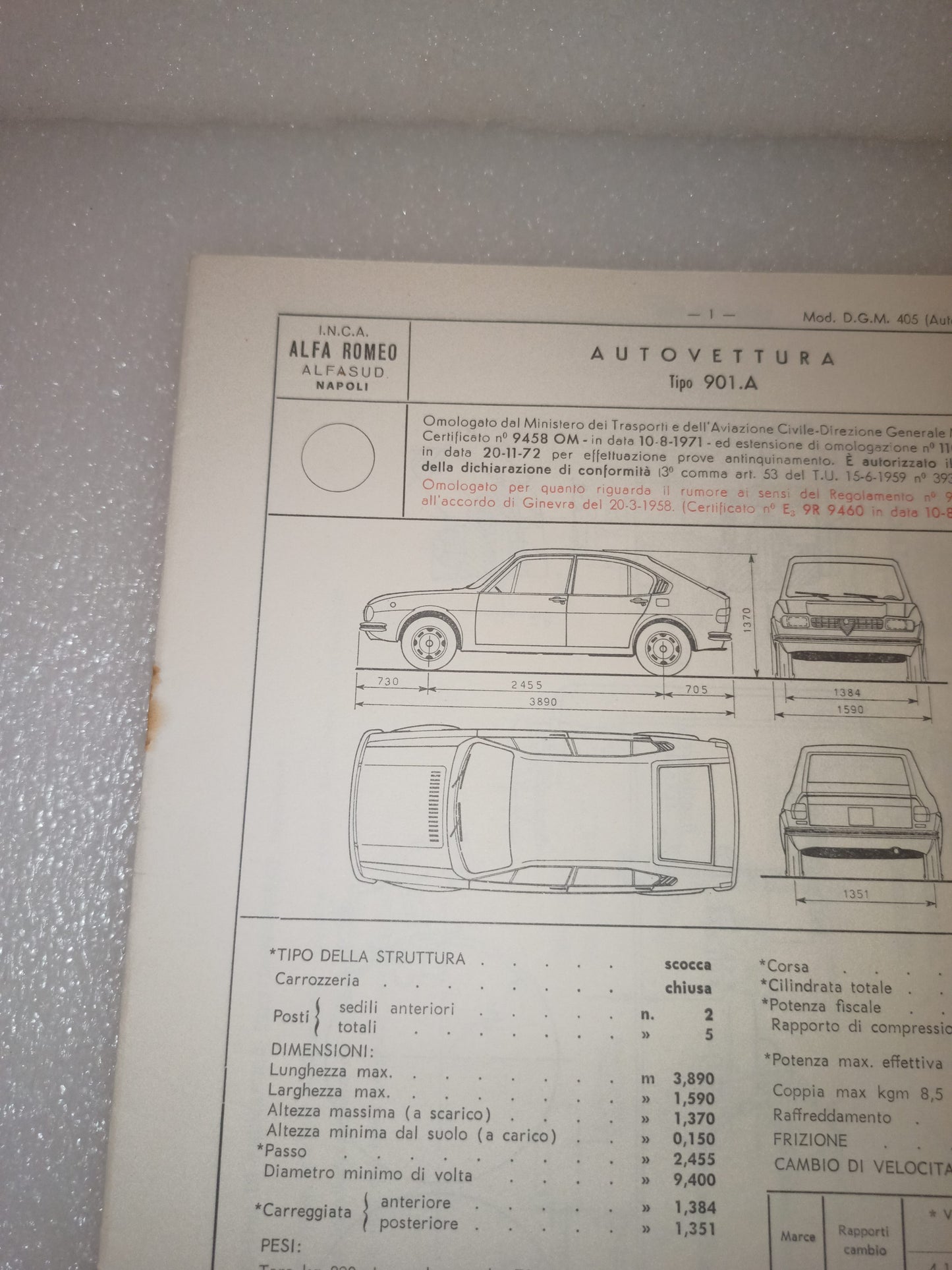 Alfa Romeo Alfasud Certificato Omologazione Anno 1971 Edizione 1972 Originale