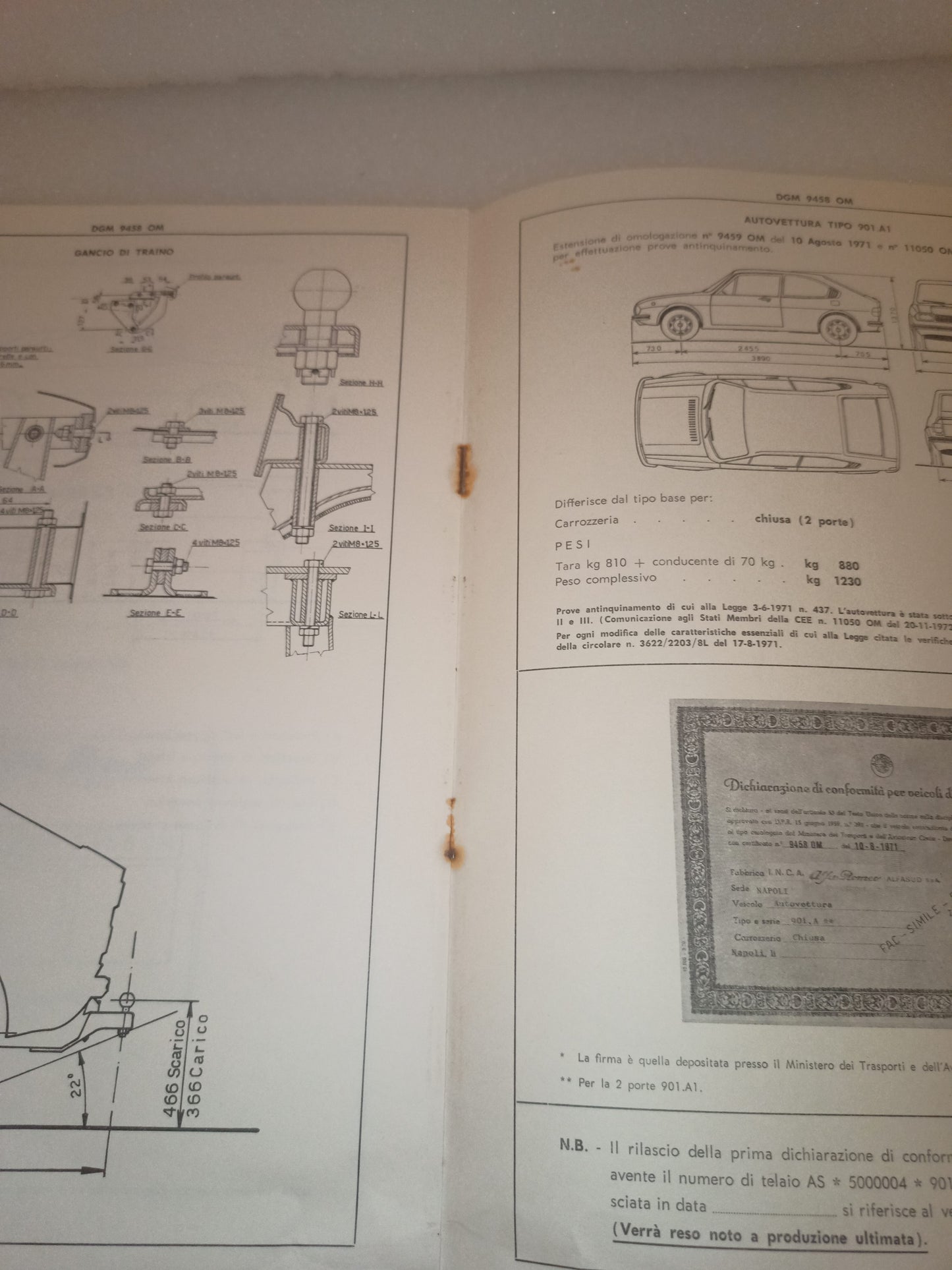 Alfa Romeo Alfasud Certificato Omologazione Anno 1971 Edizione 1972 Originale