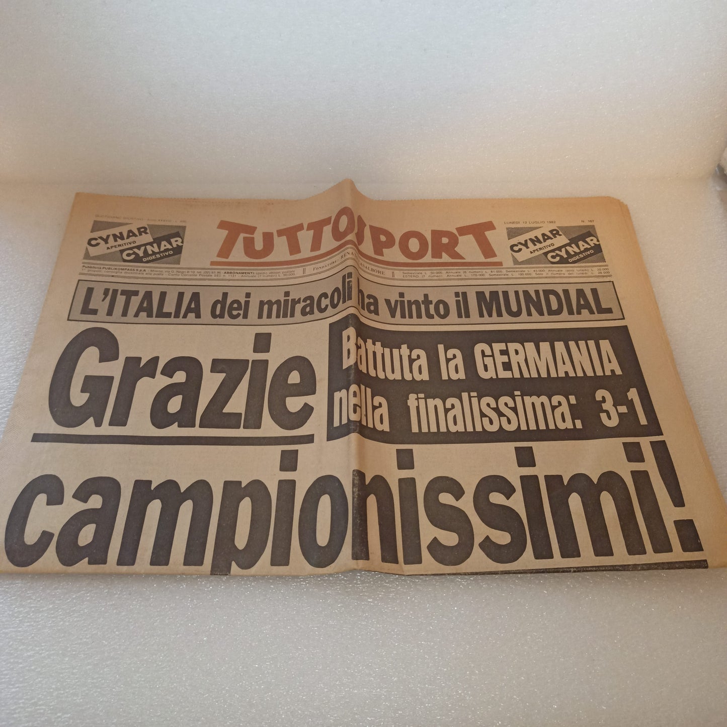 Tuttosport Grazie Campionissimi Mondiali Calcio Spagna 1982
Copia originale del Lunedì 12 luglio 1982
