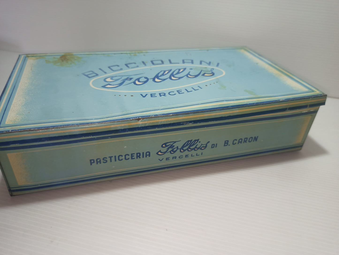 Scatola latta antica pasticceria Follis Vercelli