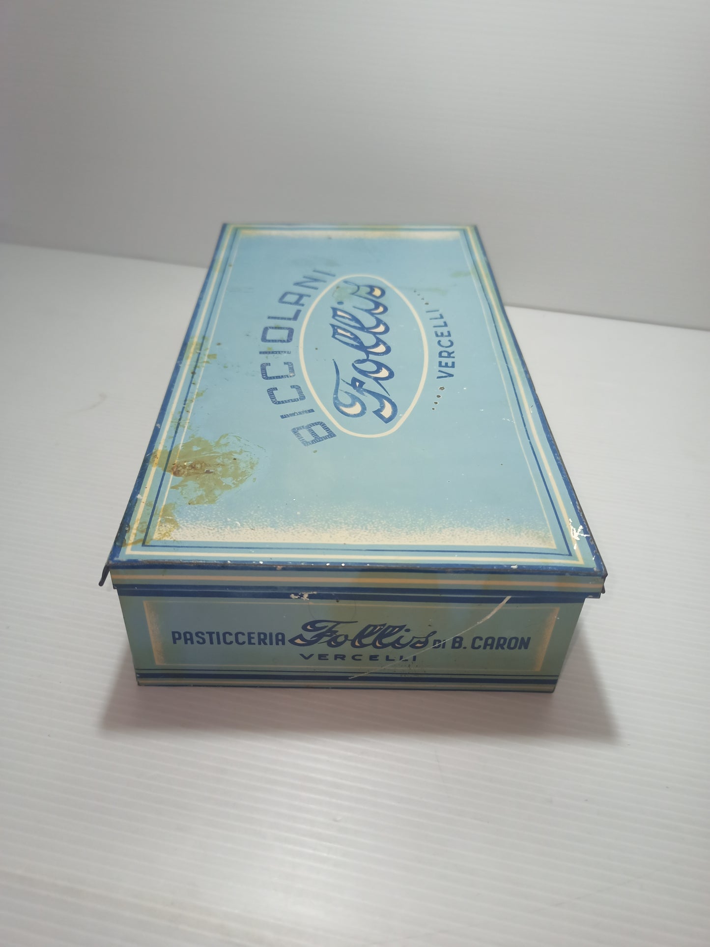 Scatola latta antica pasticceria Follis Vercelli