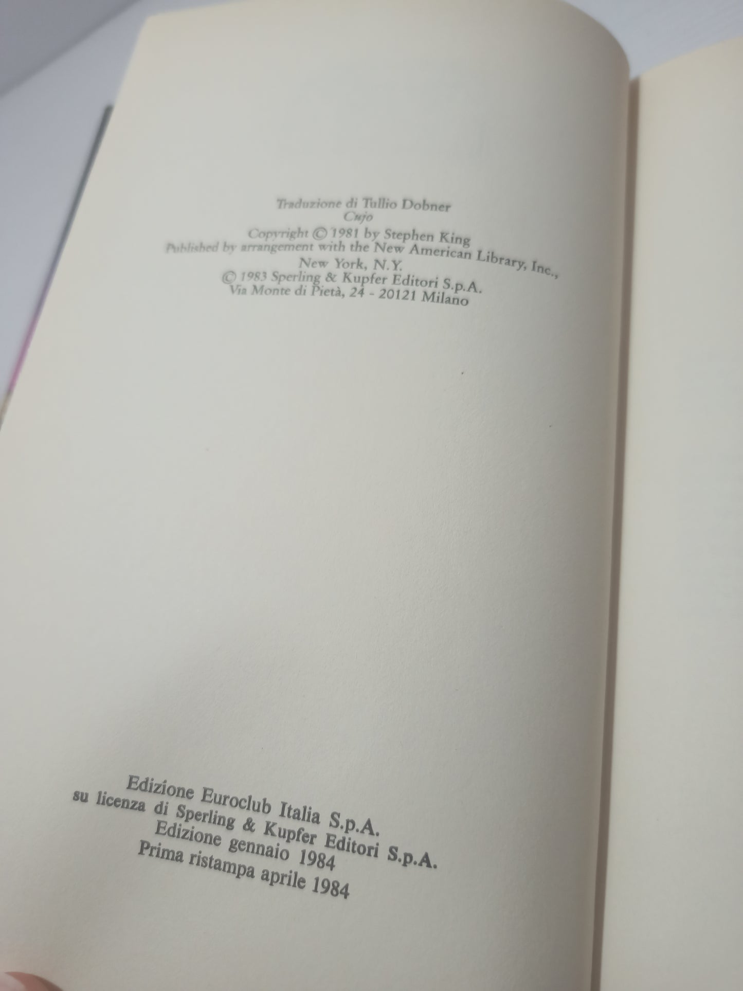 Libro Cujo Stephen King, Euroclub prima Ristampa 1984