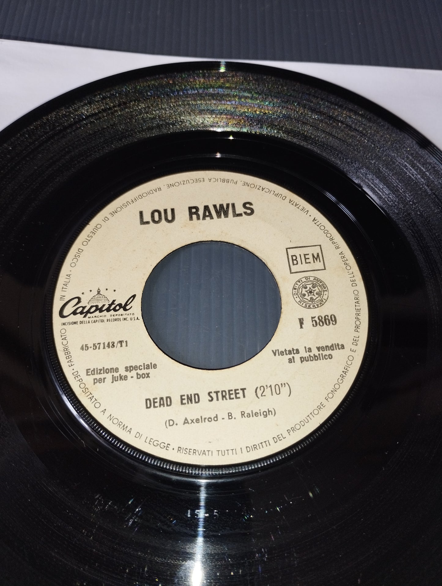 Dead end Street/Yes It.." Lou Rawls 45 Giri

Edito nel 1967 da Capitol cod.F 5896

Edizione etichetta bianca per Juke-box