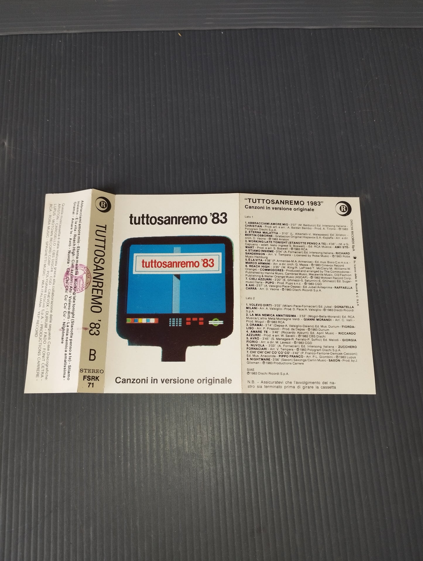 Tuttosanremo '83" Various Musicassetta B
 Published in 1983 by Dischi Ricordi Code FSRK 71