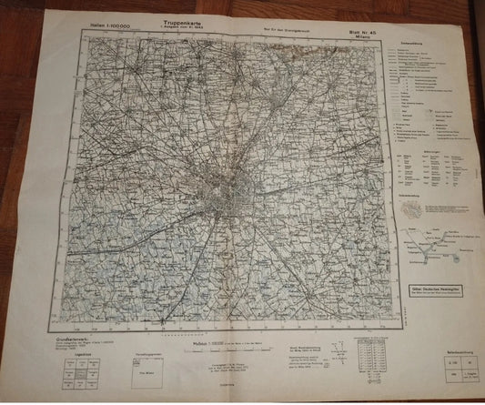 Truppenkarte Tedesca Edizione XI 1943 di Milano(Mappa) scala 1:100.000.
Originale dell'epoca