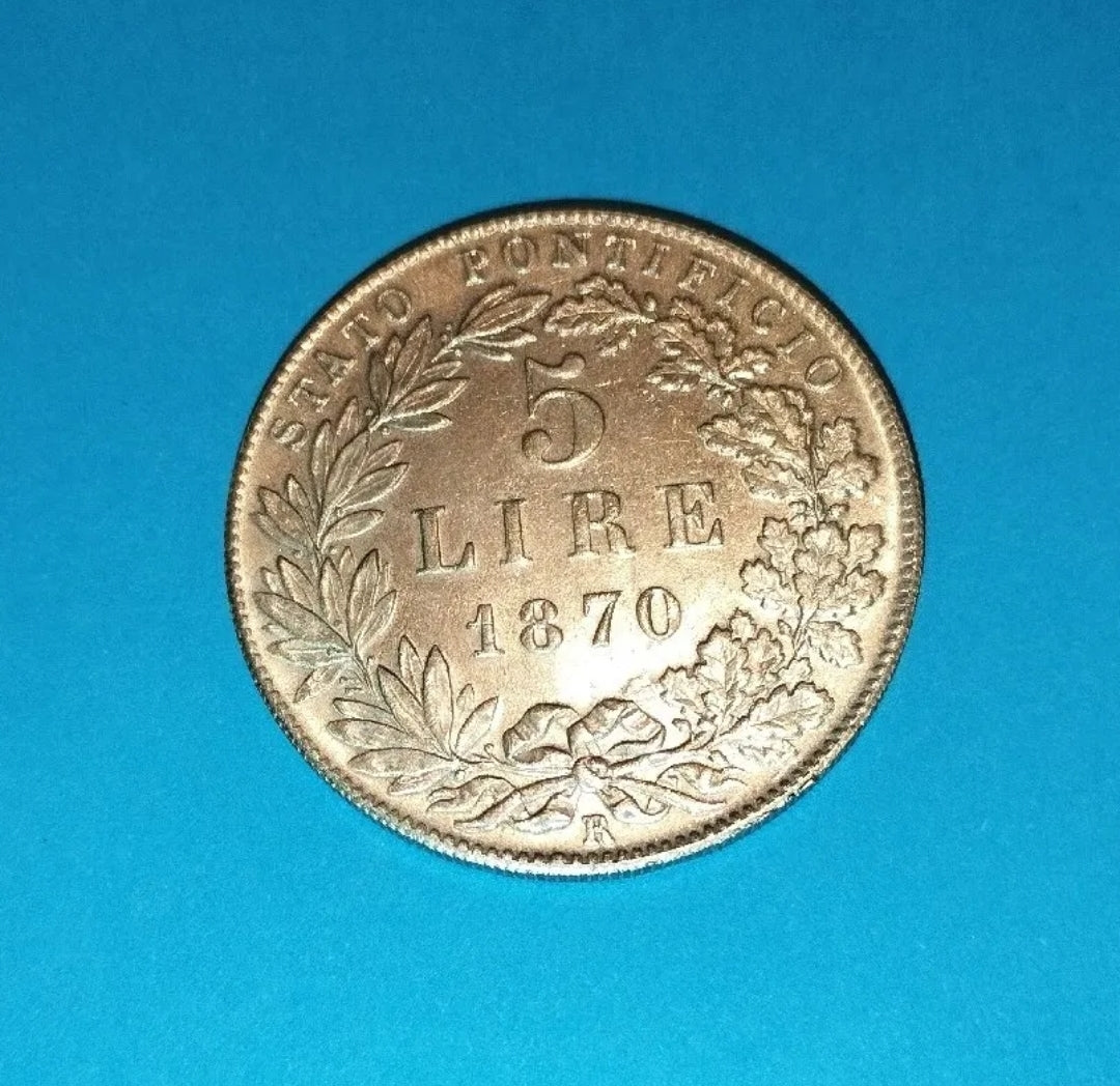 MONETA DA 5 LIRE 1870 Stato Pontificio Pius IX Riconio