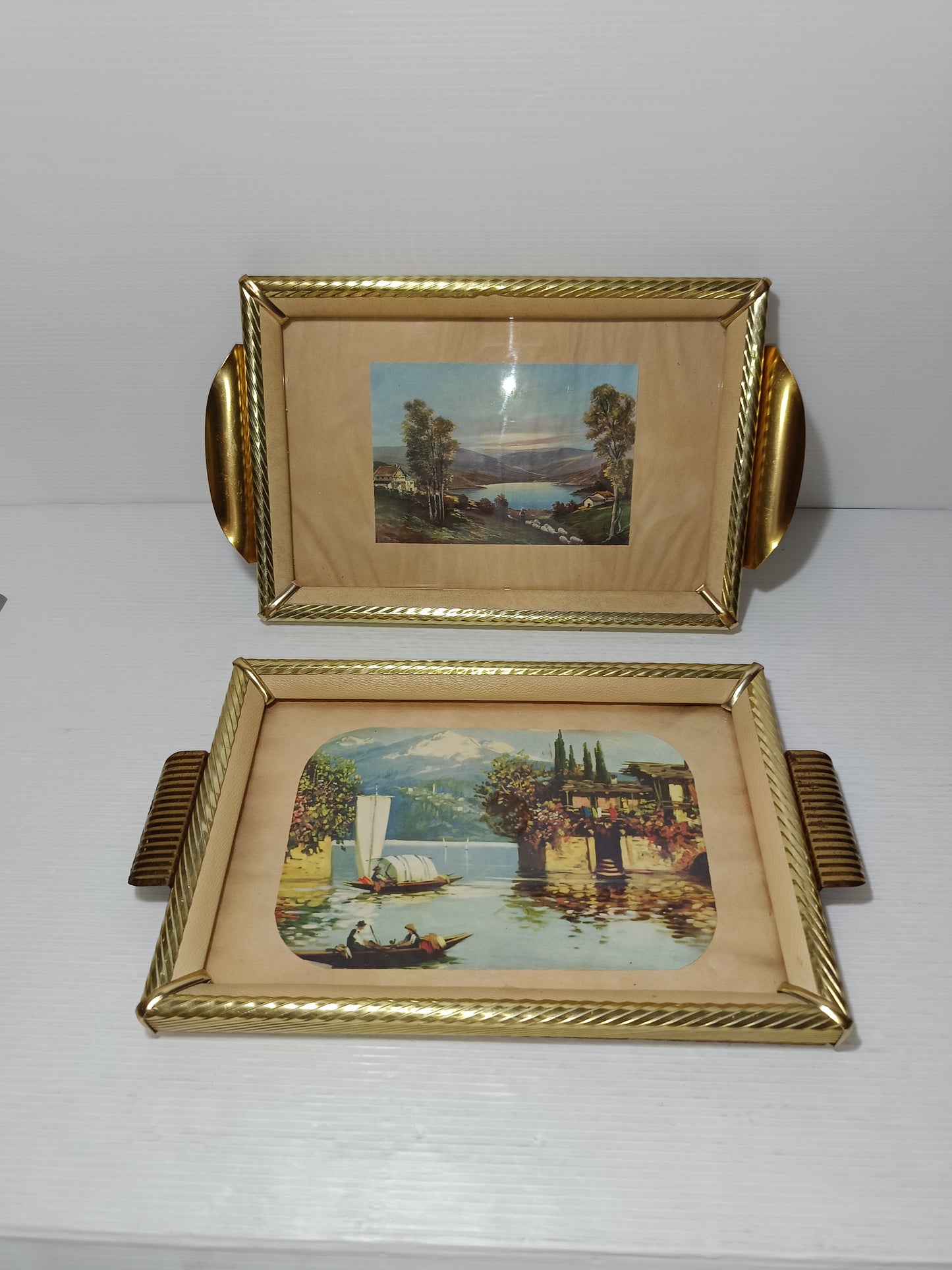 2 Vassoi Vintage In Legno/Metallo/Vetro