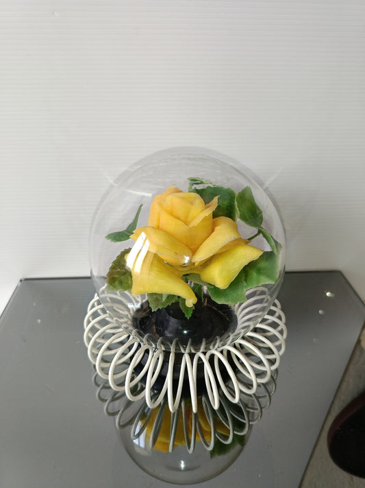 Boccia In Vetro Con Rosa Gialla In Plastica Vintage