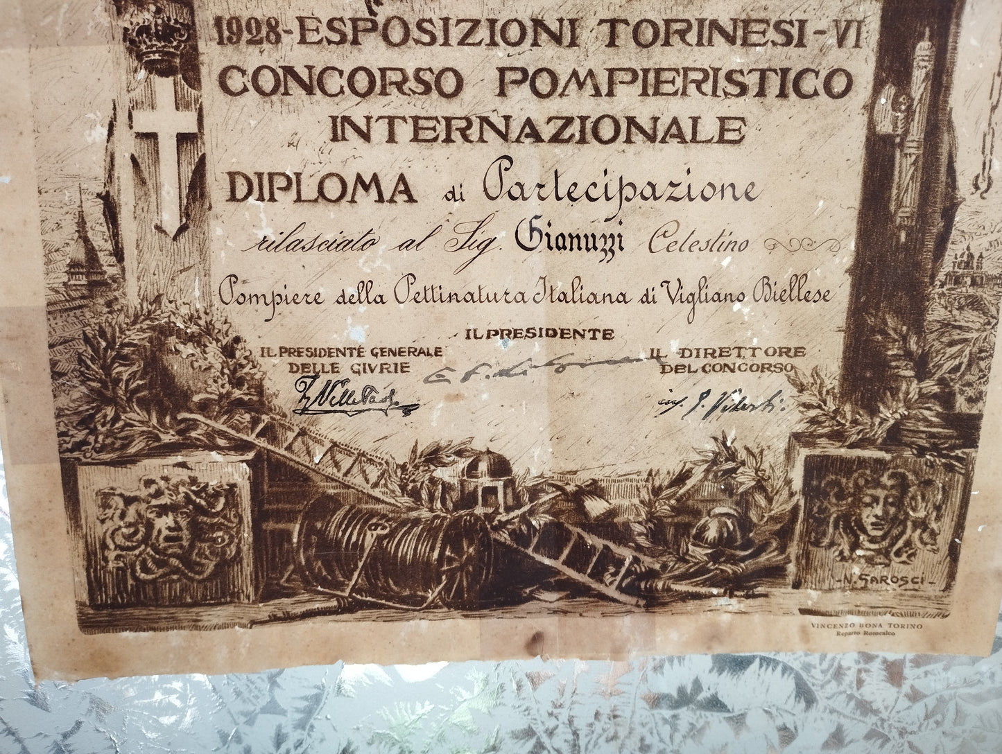 Antico Diploma di Partecipazione VI Concorso Pompieristico Internazionale
1928 Esposizioni Torinesi