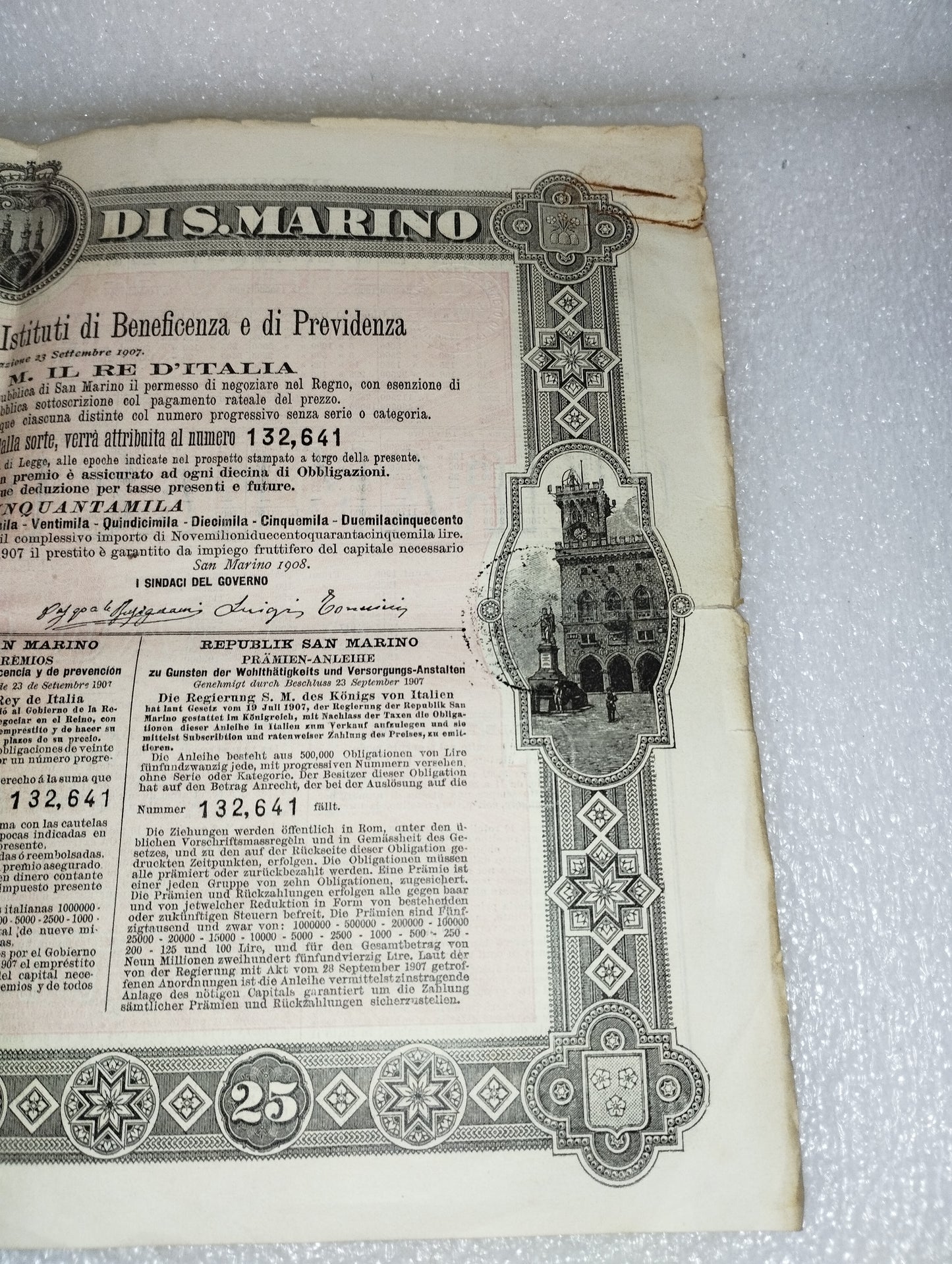 Antica Obbligazione Repubblica Di San Marino Regno d'Italia
Prestito a premi anno 1908