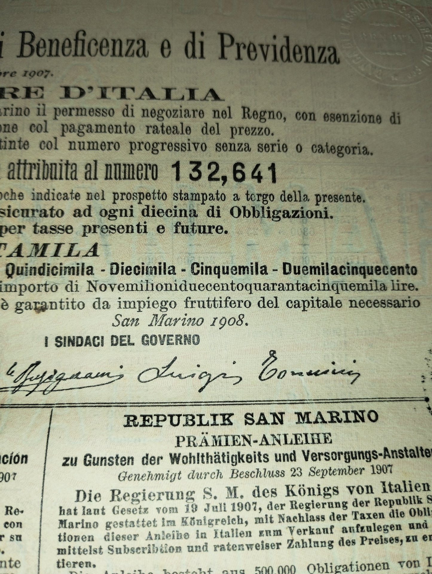 Antica Obbligazione Repubblica Di San Marino Regno d'Italia
Prestito a premi anno 1908