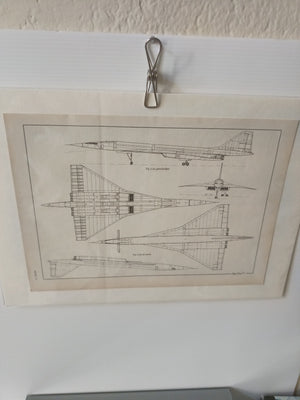 Stampa Disegno Tecnico Aereo Tupolev TU-144 su cartoncino Da Rivista D'epoca