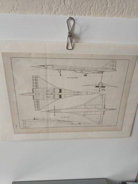Stampa Disegno Tecnico Aereo Tupolev TU-144 su cartoncino Da Rivista D'epoca