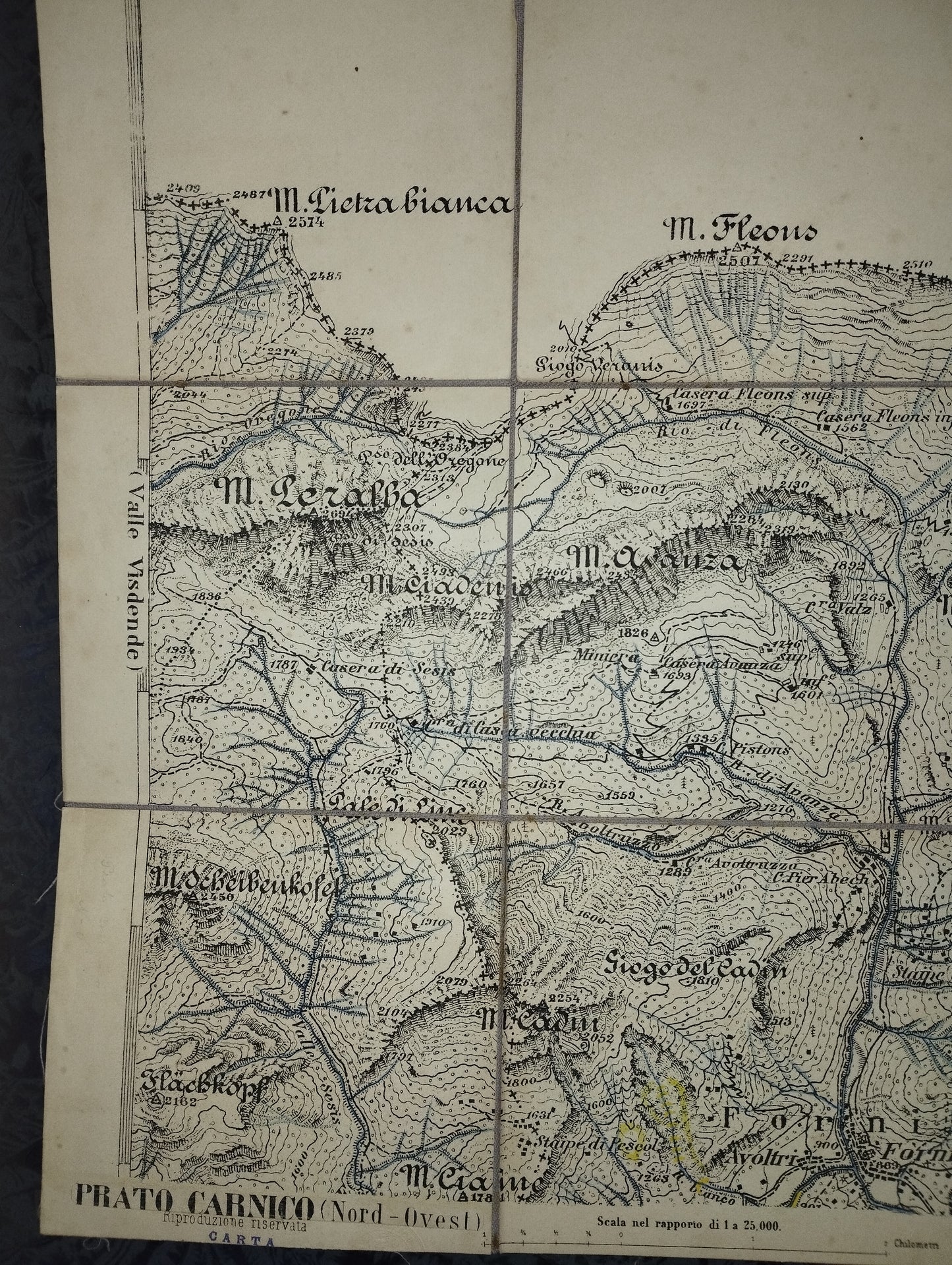 Antica Cartina Telata Prato Carnico Nord  Ovest scala 1:25.000
Datata giugno 1894