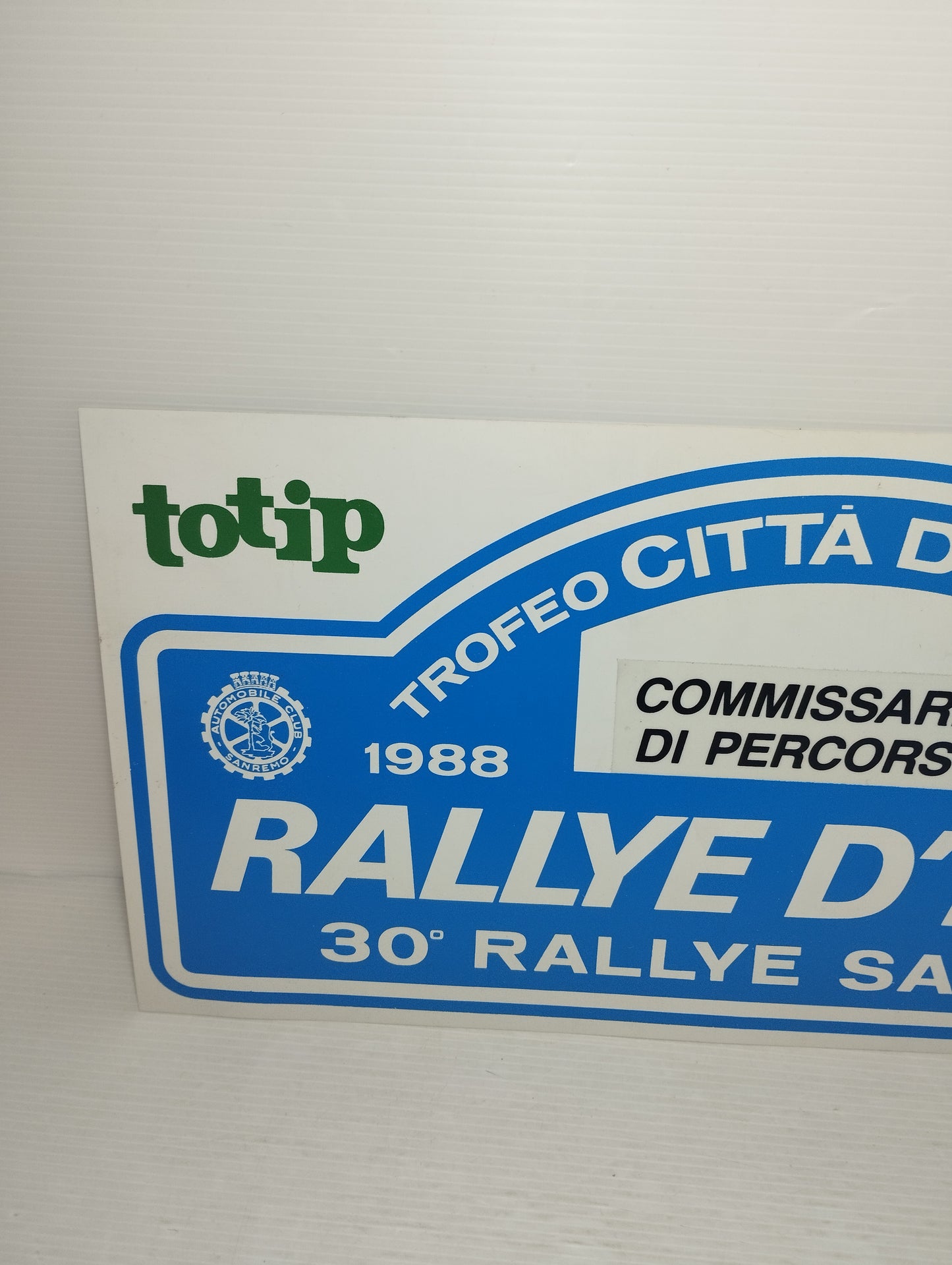 30° Rallye Sanremo 1988 Targa originale In Plastica flessibile