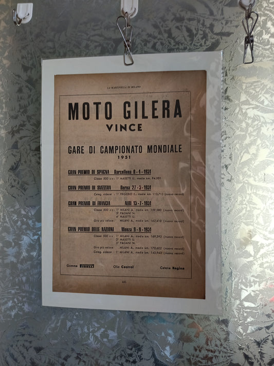 Moto Gilera risultati 1951 Locandina
Rifilata Da Rivista D'epoca Su Cartoncino