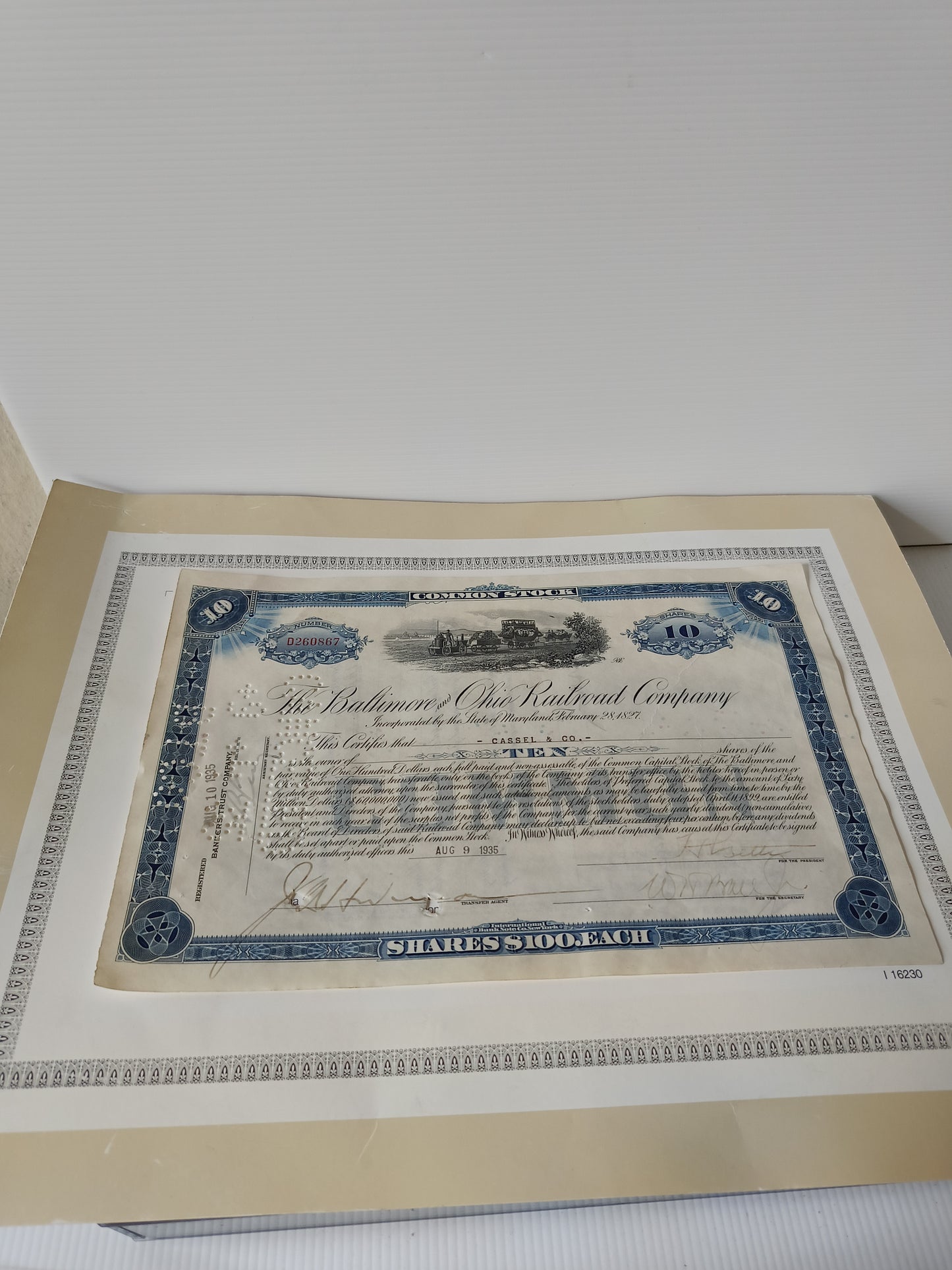 Antico Certificato Azionario The Baltimora Ohio Railroad Company
Originale datato agosto 1935
