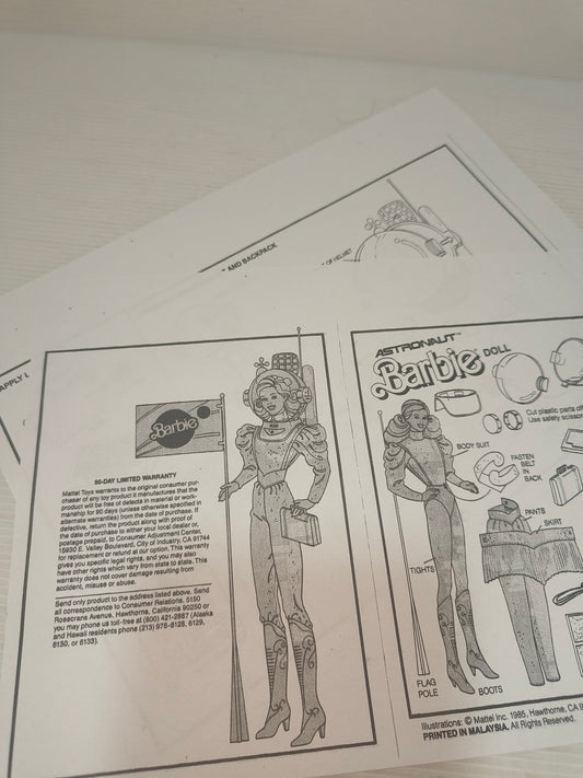 Riproduzione in copia libretto di istruzioni Barbie Astronaut anni 80