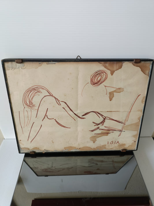 Schizzo Su Carta Vintage In Cornice di legno e vetro