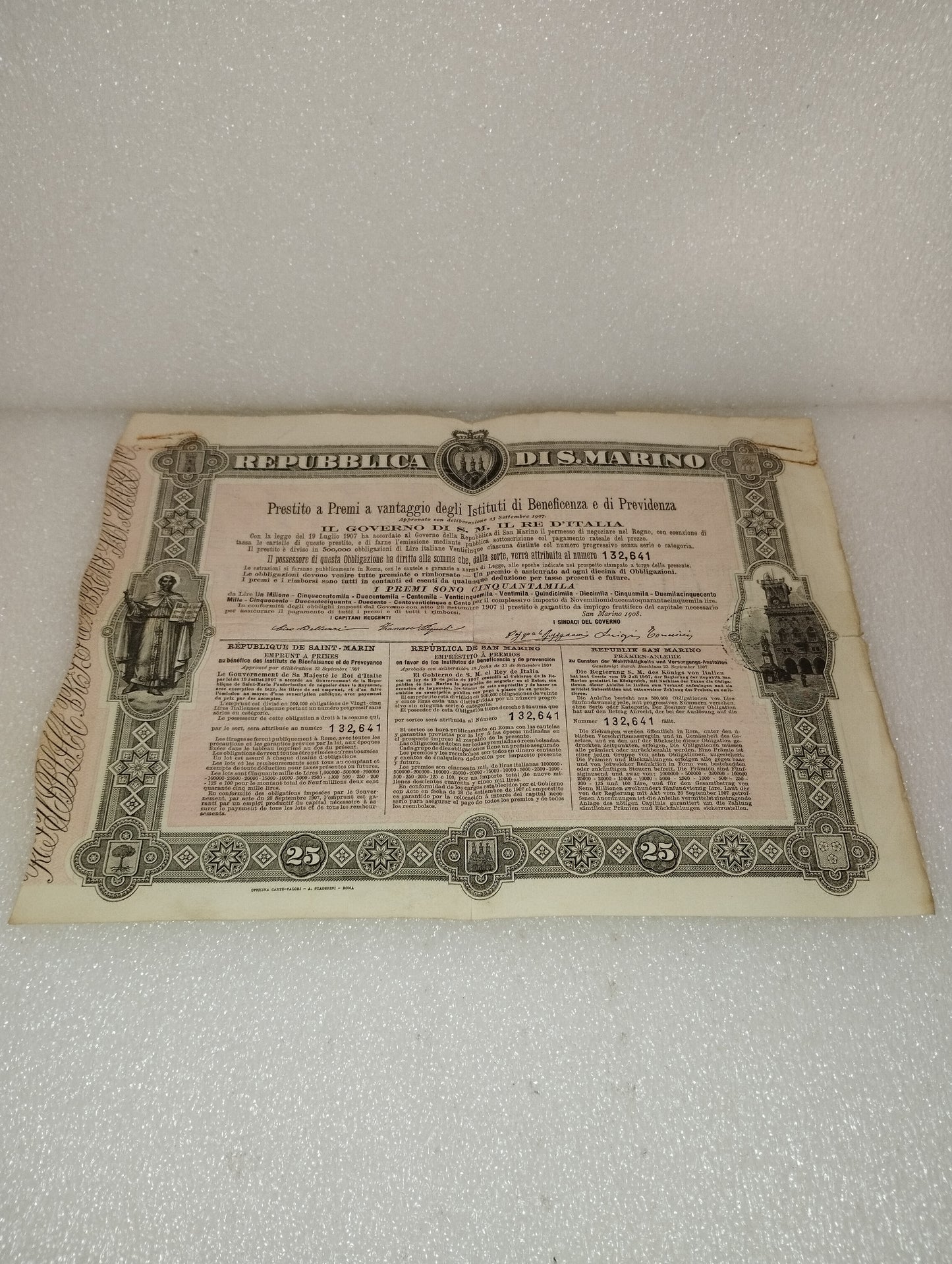 Antica Obbligazione Repubblica Di San Marino Regno d'Italia
Prestito a premi anno 1908