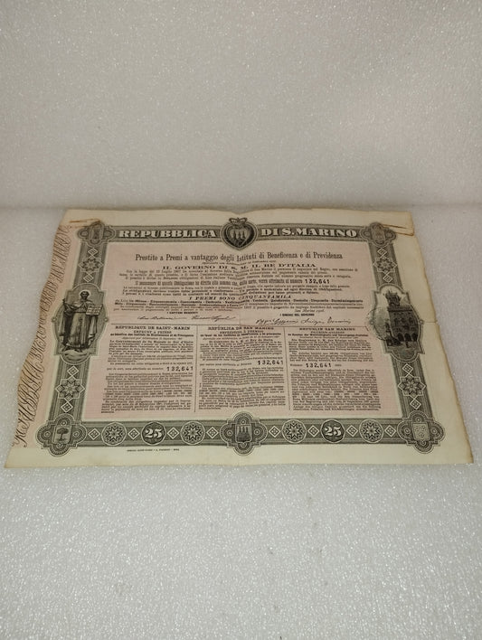 Antica Obbligazione Repubblica Di San Marino Regno d'Italia
Prestito a premi anno 1908