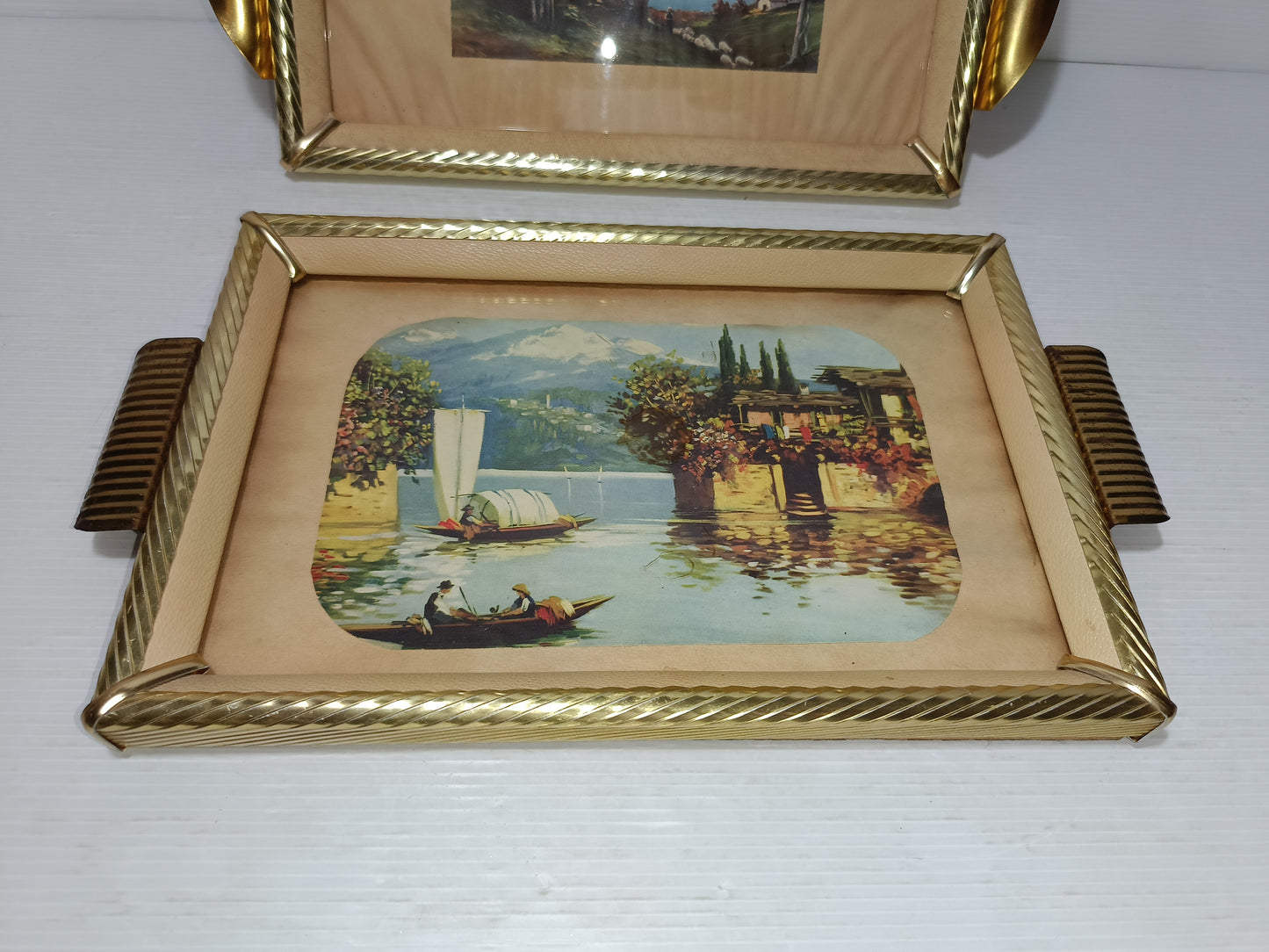 2 Vassoi Vintage In Legno/Metallo/Vetro