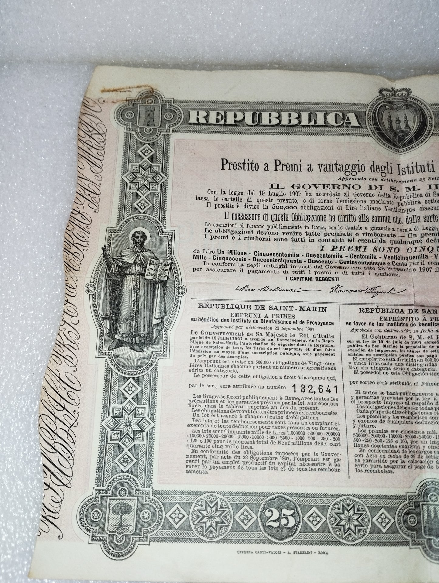 Antica Obbligazione Repubblica Di San Marino Regno d'Italia
Prestito a premi anno 1908