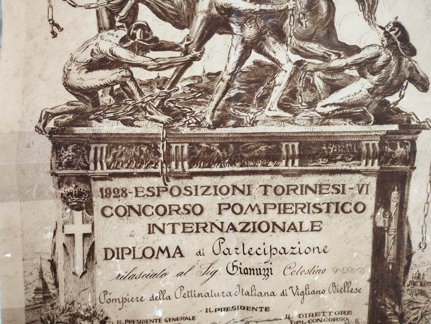 Antico Diploma di Partecipazione VI Concorso Pompieristico Internazionale
1928 Esposizioni Torinesi