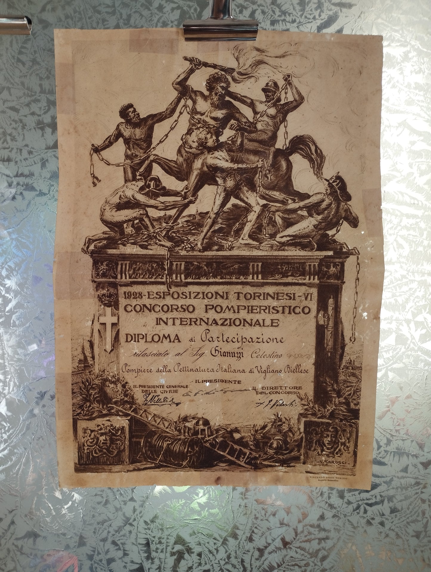Antico Diploma di Partecipazione VI Concorso Pompieristico Internazionale
1928 Esposizioni Torinesi