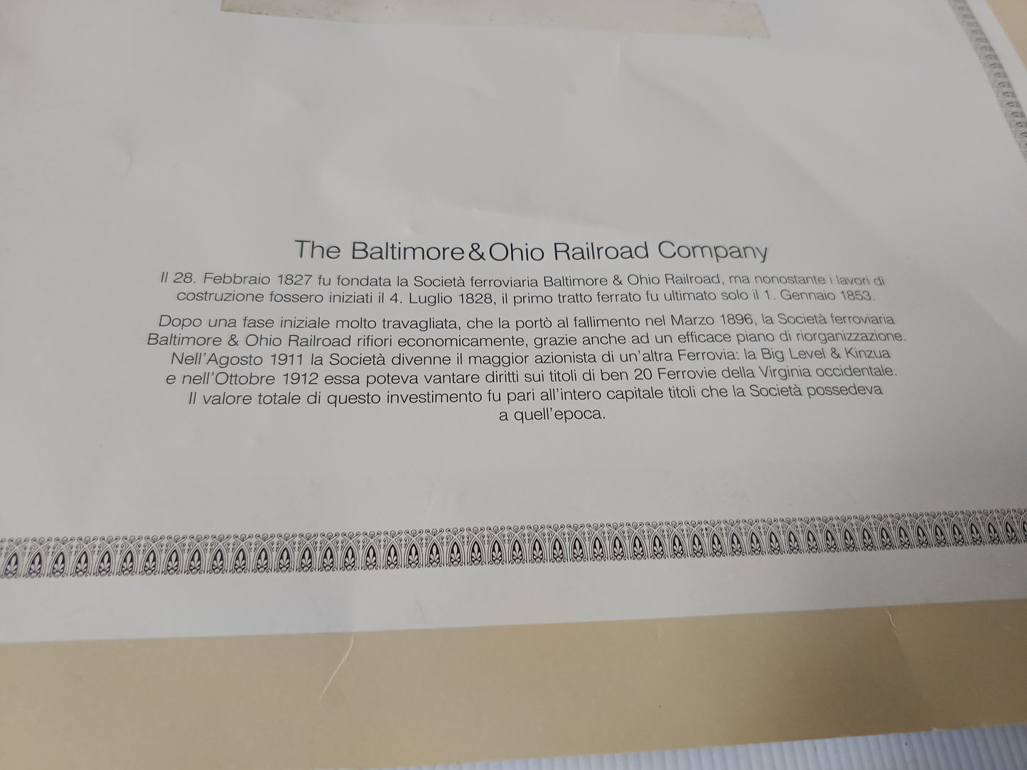 Antico Certificato Azionario The Baltimora Ohio Railroad Company
Originale datato agosto 1935