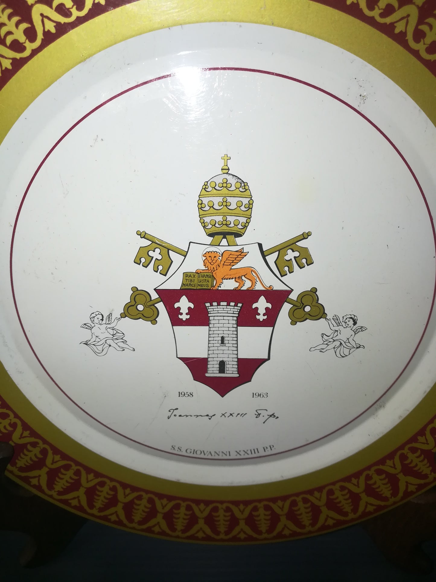 Papal Coat of Arms Plate Pope John XXIII in Tin