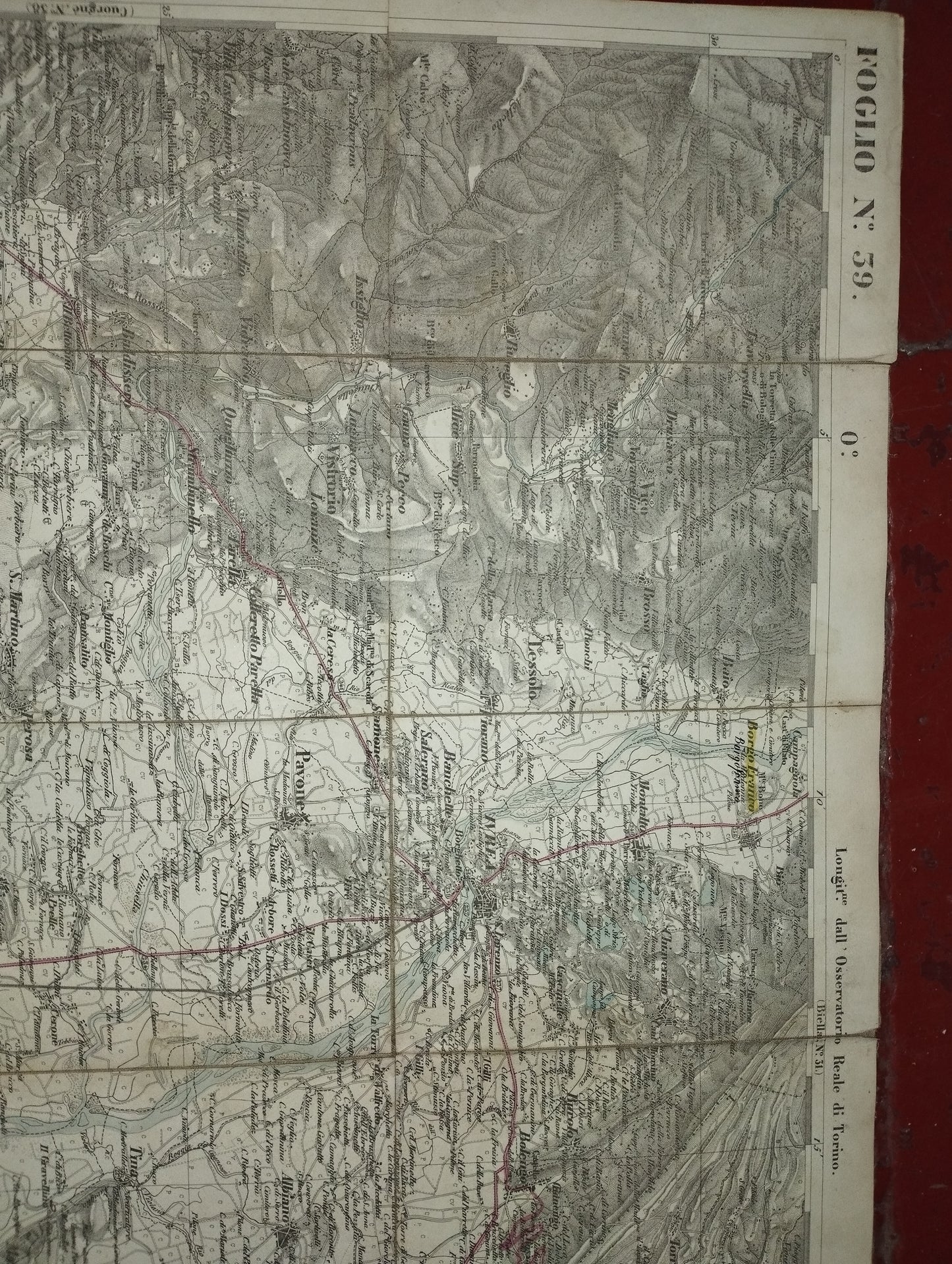 Ancient map of Ivrea

 Paper divided into small section on canvas.

 Longitude from the Royal Observatory of Turin