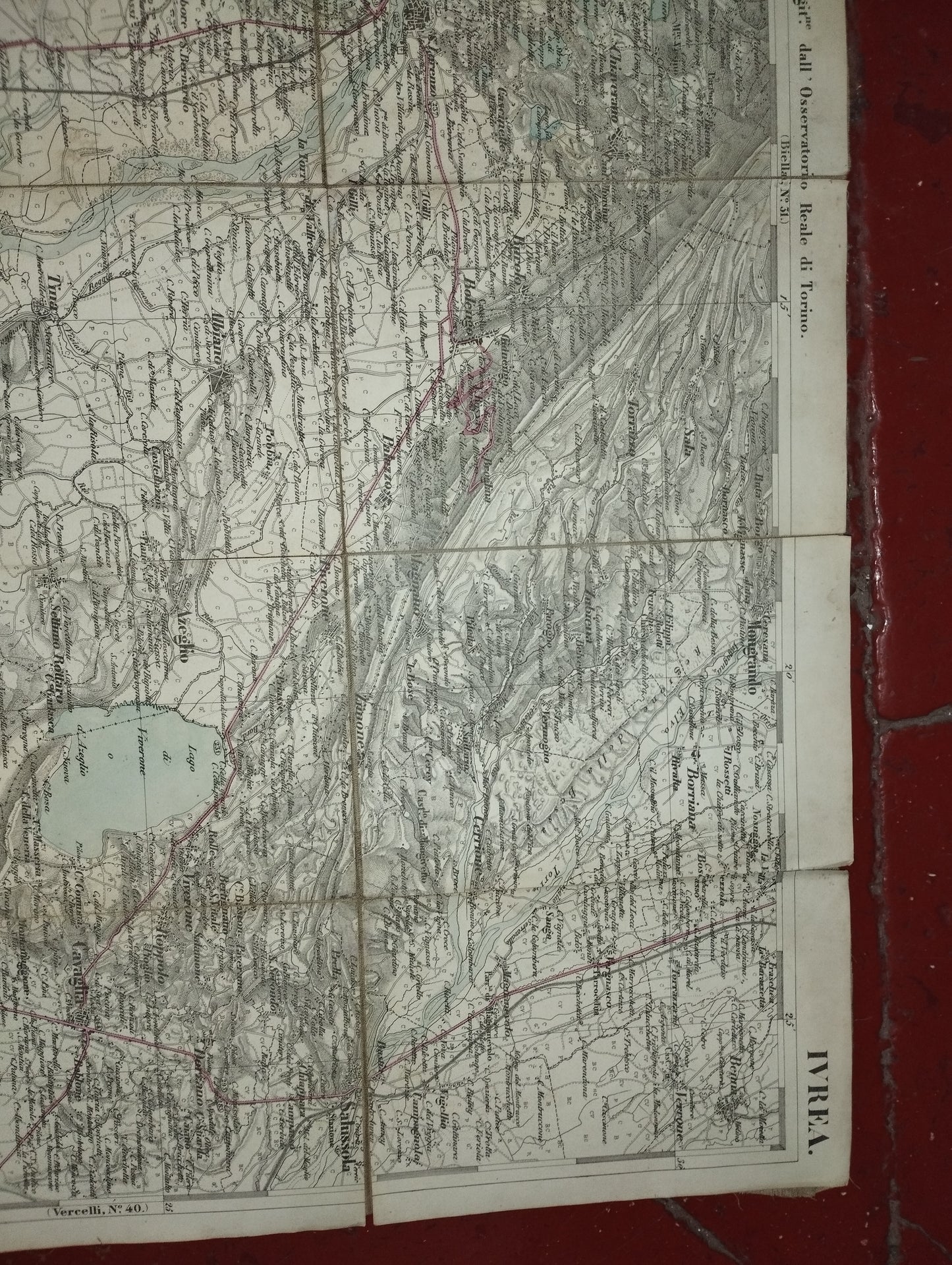 Ancient map of Ivrea

 Paper divided into small section on canvas.

 Longitude from the Royal Observatory of Turin