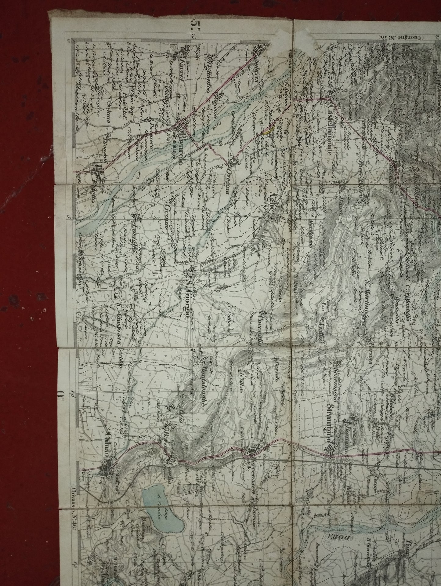 Ancient map of Ivrea

 Paper divided into small section on canvas.

 Longitude from the Royal Observatory of Turin