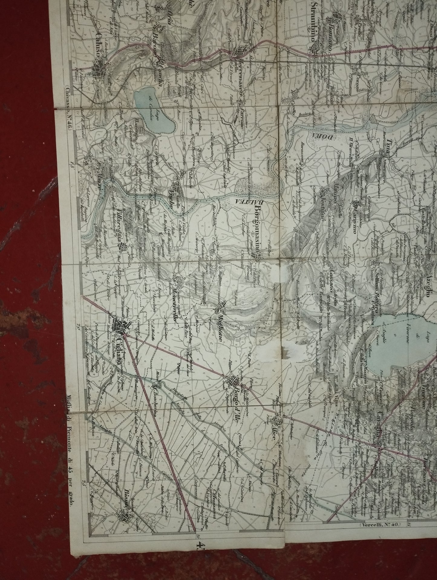 Ancient map of Ivrea

 Paper divided into small section on canvas.

 Longitude from the Royal Observatory of Turin