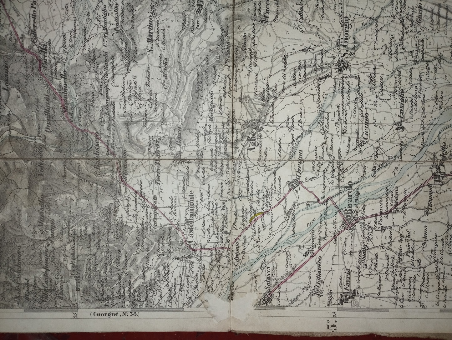 Ancient map of Ivrea

 Paper divided into small section on canvas.

 Longitude from the Royal Observatory of Turin