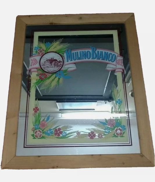 Advertising mirror with wooden frame by Mulino Bianco, original from the 80s